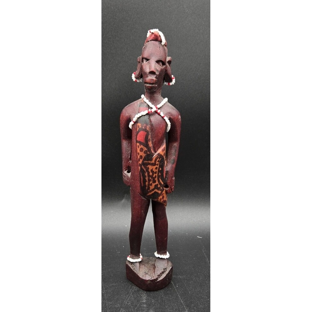 African Tribal Wood Carved Man Figurine Decorative Art Painted Beaded Statue